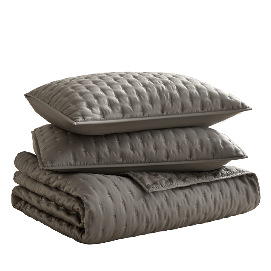 Studio 16, Toronto - Lana Silky Tencel 3-Piece Quilt/Coverlet Set - Soft Grey, Ivory and White