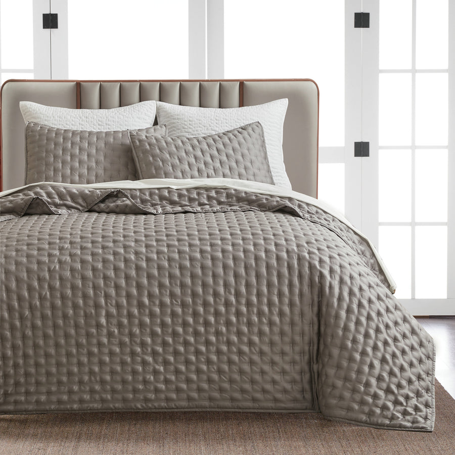 Studio 16, Toronto - Lana Silky Tencel 3-Piece Quilt/Coverlet Set - Soft Grey, Ivory and White