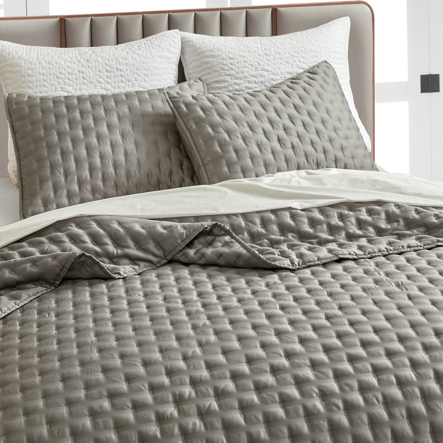 Studio 16, Toronto - Lana Silky Tencel 3-Piece Quilt/Coverlet Set - Soft Grey, Ivory and White