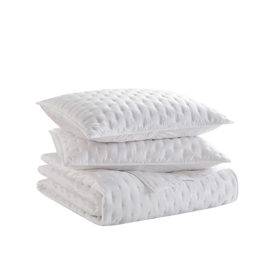 Studio 16, Toronto - Lana Silky Tencel 3-Piece Quilt/Coverlet Set - Soft Grey, Ivory and White